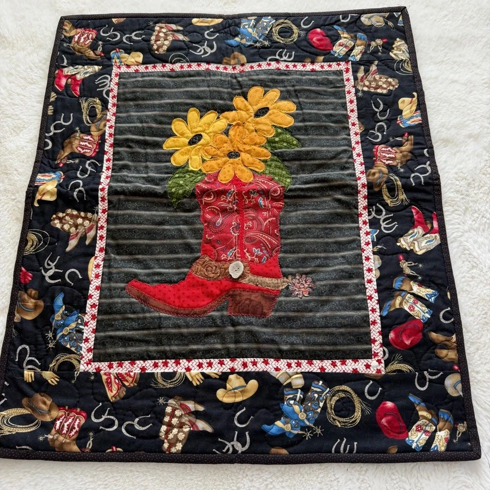 Western Cowboy Wall Hanging Quilt 21” x 24.5” – Appliqué Boot & Sunflowers